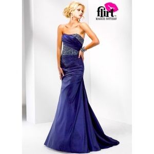 MAGGIE SOTTERO FLIRT PERFECT INDIGO TAFFETA SLIM BEADED STRAPLESS PROM DRESS